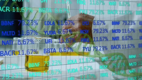 Animation-of-stock-market-data-processing-over-mid-section-of-male-scientist-working-at-laboratory