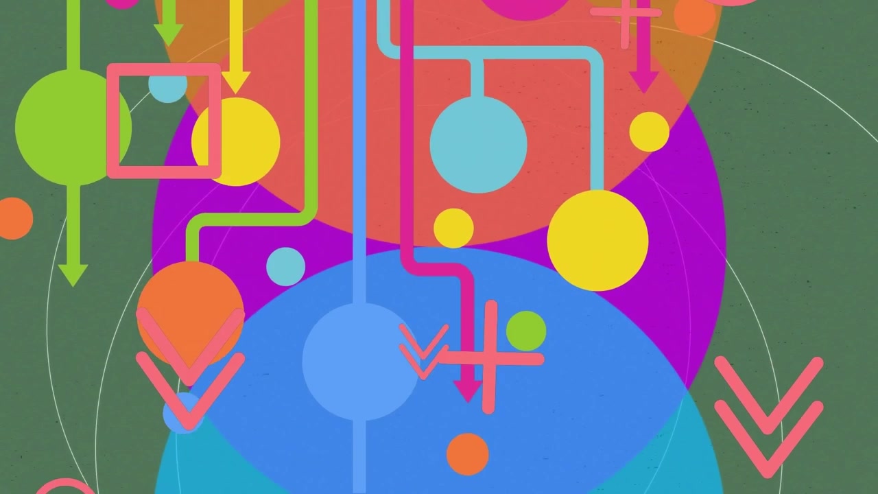 Digital animation of abstract shapes moving against network of profile icons on yellow background