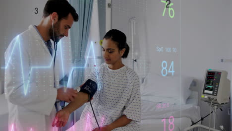 animation of cardiograph over caucasian male doctor examining his patient
