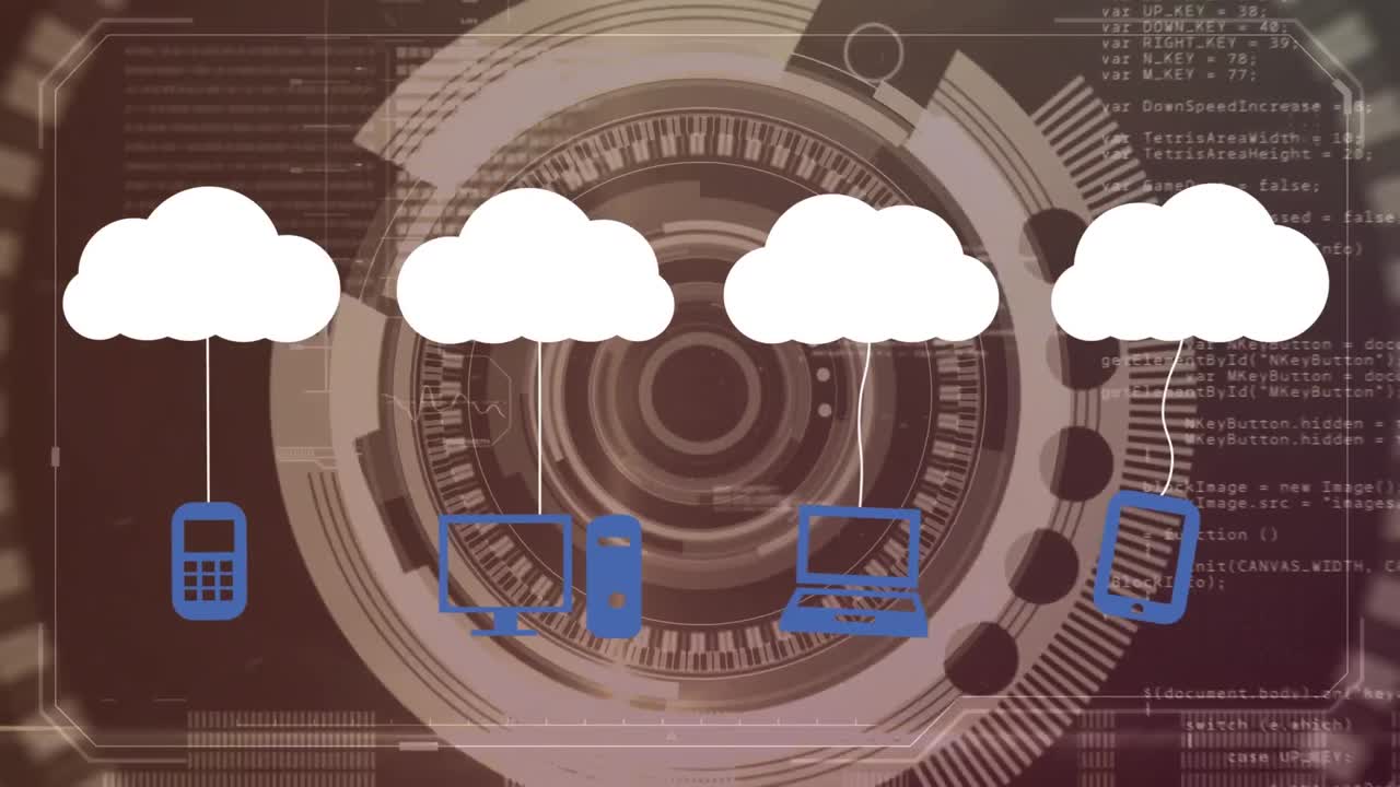 animación de nubes e iconos digitales sobre escaneo de alcance y red de conexiones