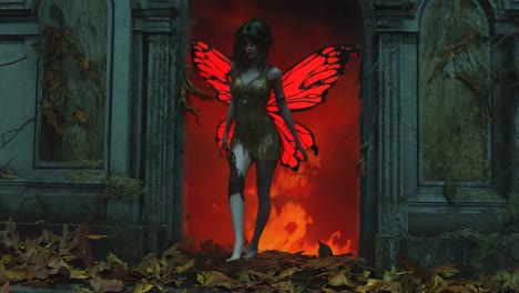 Mystical Fairy with Glowing Wings Emerging from a Red Archway