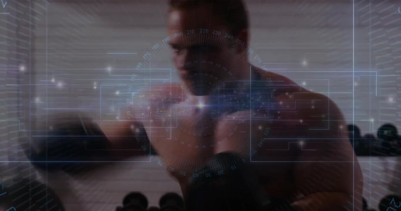 Pugile maschio a torso nudo che esegue un allenamento mirato in palestra, con una sovrapposizione HUD che mostra il tracciamento dei pugni scintillante.