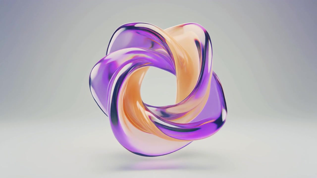 Forma di vetro 3D astratta rotante con tonalità viola e pesca