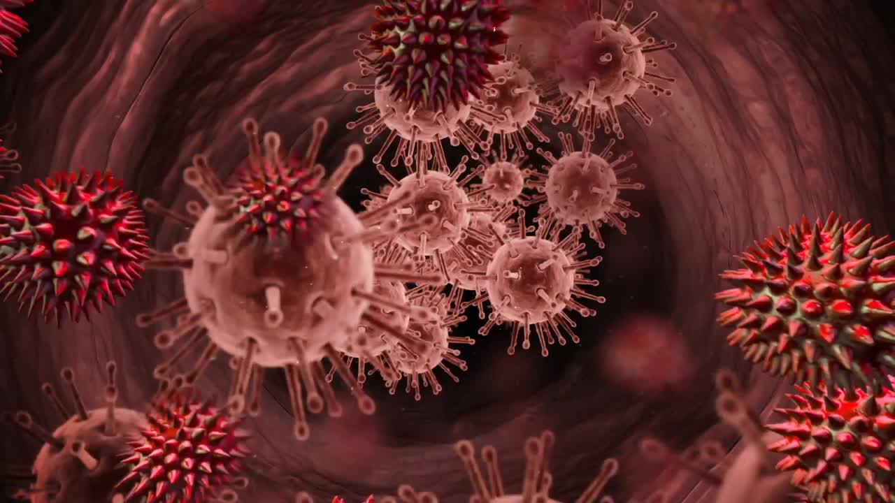 Animazione digitale di numerose cellule COVID-19 rosse che fluttuano su sfondo rosso.
