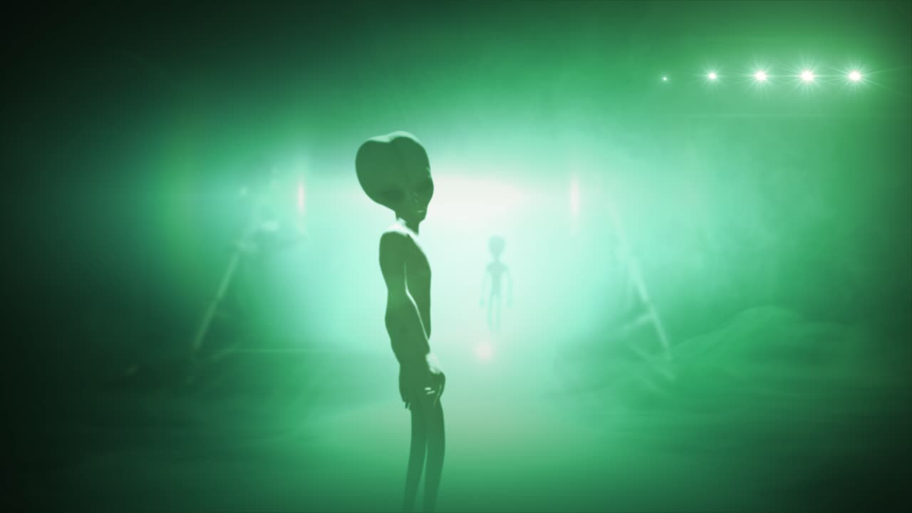 3D CGI VFX animation of a classic Roswell grey alien turning to look back, in front of the glowing lights of a UFO fyling saucer, with green color tint
