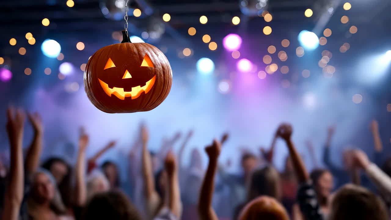 Halloween pumpkin glowing in smoke. A carved pumpkin lantern glowing in smoke with a dancing crowd in the background