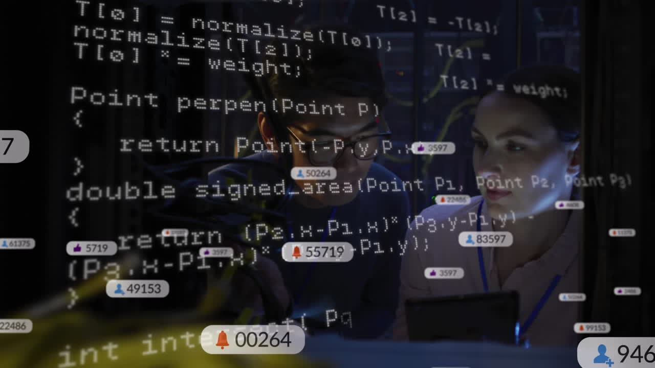 Animation of social media icons over diverse male and female it engineers by computer server