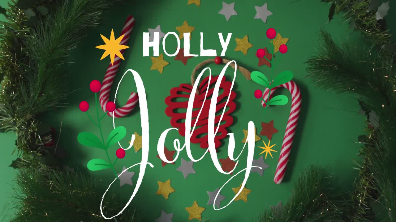 animación del texto de holly jolly sobre las decoraciones de navidad
