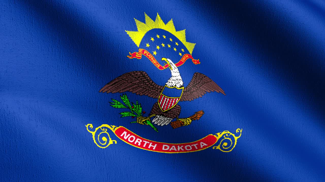 미국 북다코타 주 발 (north dakota state flag) 은 공기가 불어오는 상태에서 고립되어 있으며, 공식적인 애국적 추상적인 디자인, 흔들리는 표지 기호의 3d 렌더링 일러스트레이션입니다.