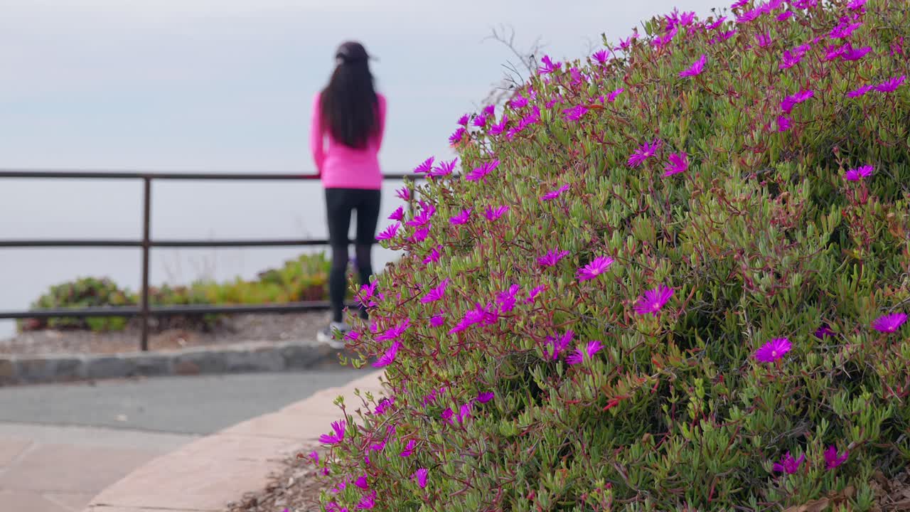 mujer en el punto de vista en condiciones de niebla, fuera de foco, racimo de flores en foco