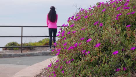 Woman-at-viewpoint-in-foggy-conditions,-out-of-focus,-flower-cluster-in-focus