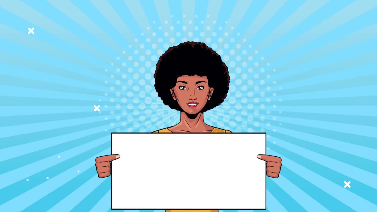 afro woman with banner pop art style animation character