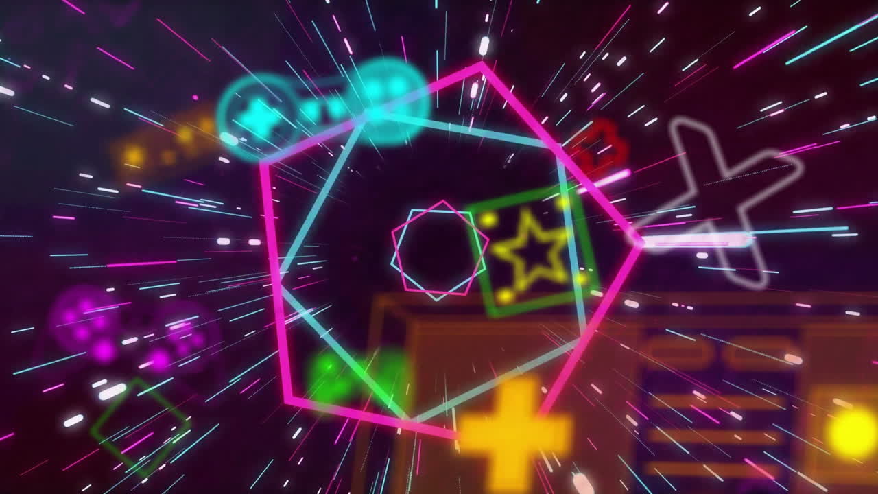 animación de iconos de videojuegos y patrón de neón en fondo negro