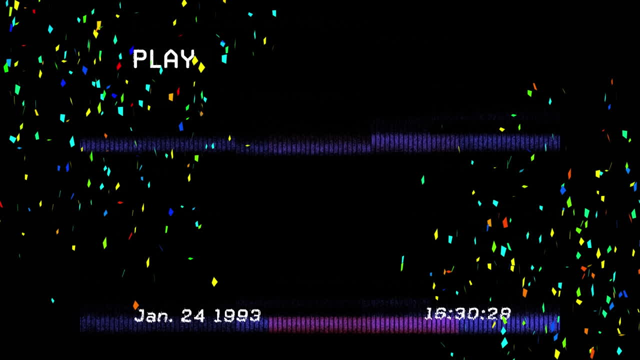 박이는 네온 직사각형의 애니메이션, 불꽃놀이 위의 디지털 인터페이스 텍스트