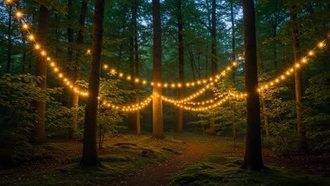 a serene forest path enchanted by twinkling string lights, creating a magical atmosphere amongst the trees as daylight fades into twilight