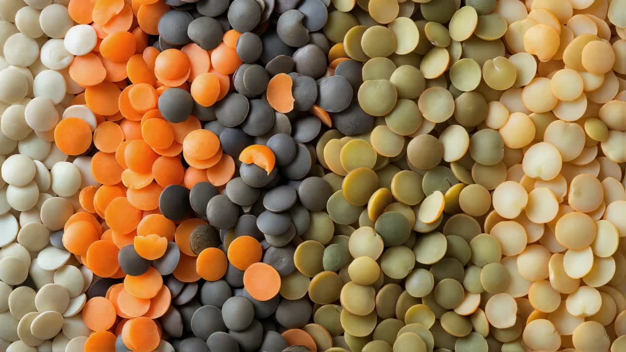 Vibrant lentil gradient displaying orange, black, green, and light yellow hues, showcasing raw legume assortment against pristine white background