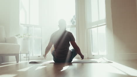 relax, yoga and meditation with man in living room