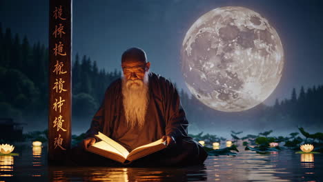 ancient chinese monk reading under the moonlight