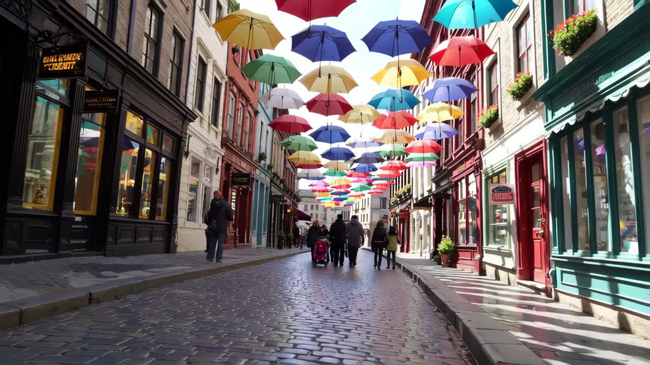 Charming European Street with Colorful Umbrellas