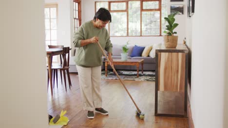 smiling senior biracial woman cleaning floor in living room alone