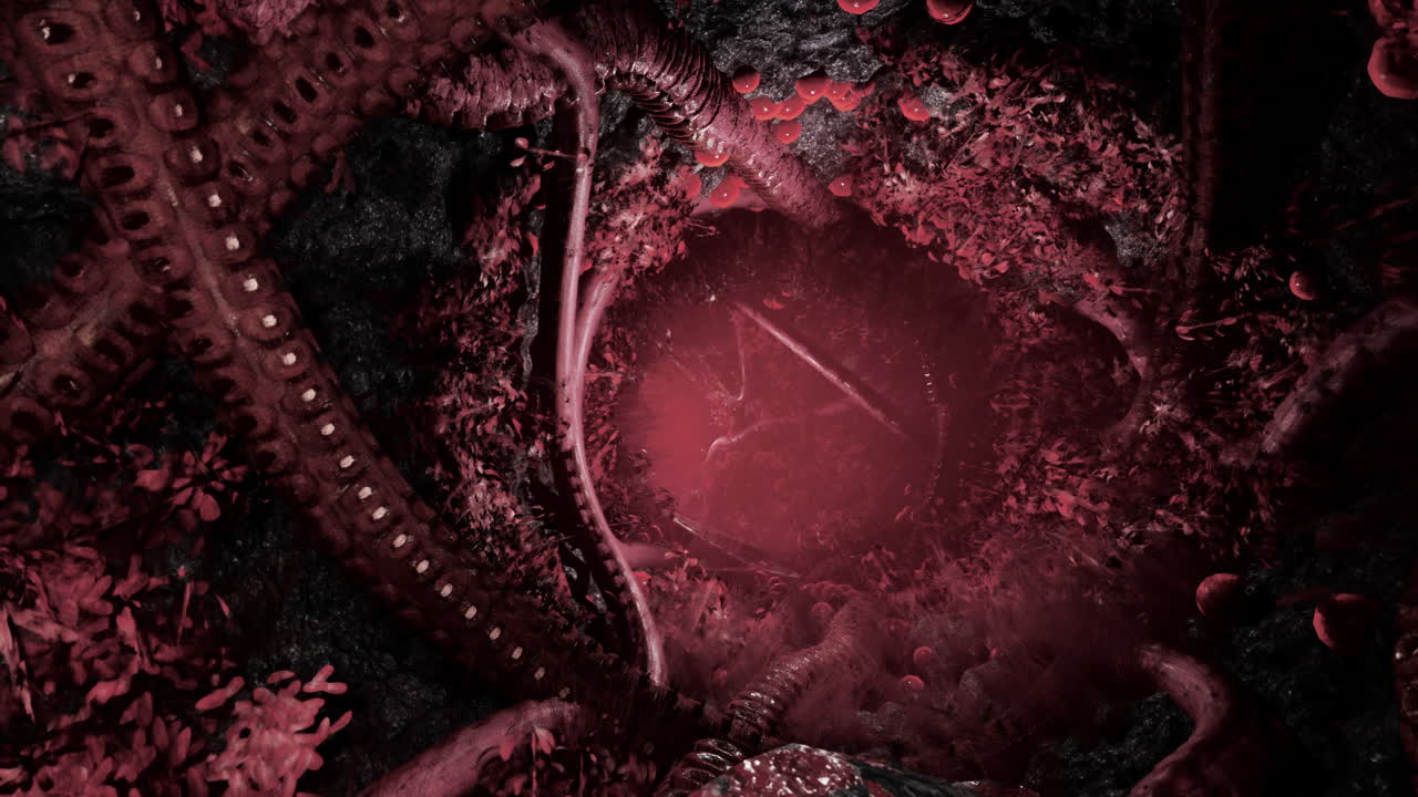 túnel alienígena de estructuras orgánicas rojas