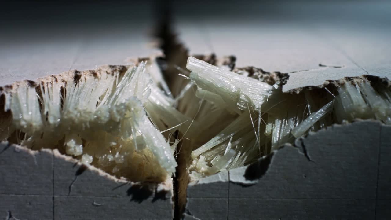 Opening focus on split, camera shifting to reveal torn panel at macro lab, exposing glassy fibers