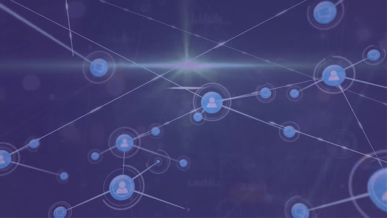 파란색 배경에 디지털 아이콘 네트워크와 빛 점의 애니메이션