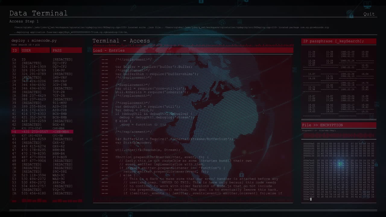 Central terminal access panel showing live code snippets over flat dotted globe, with data tables
