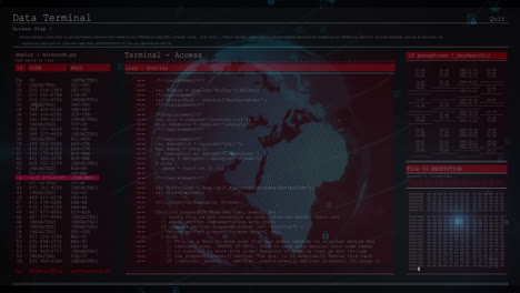 Central terminal access panel showing live code snippets over flat dotted globe, with data tables