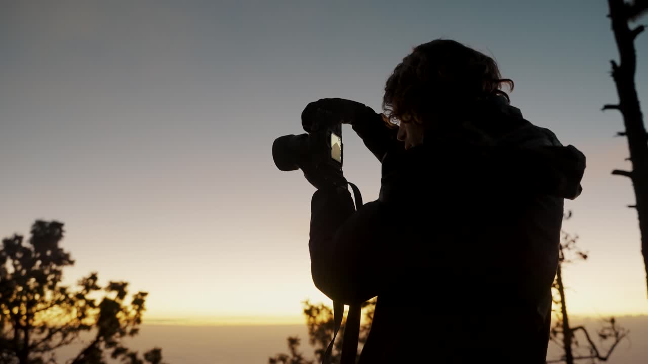 Nature Photographer Capturing Fuego Volcano From Acatenango Volcano At Sunset In Guatemala