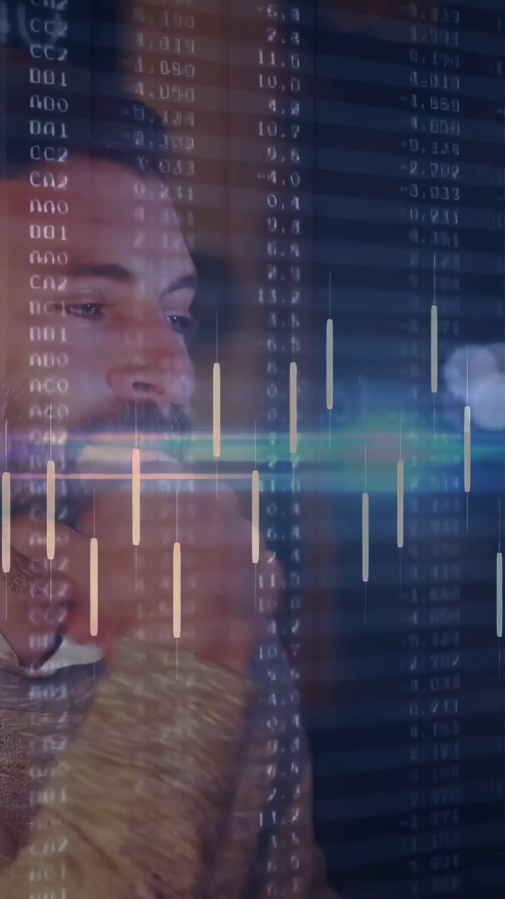 Vertical video: Man reacting to finance overlay, turning head, rubbing forehead, studying charts