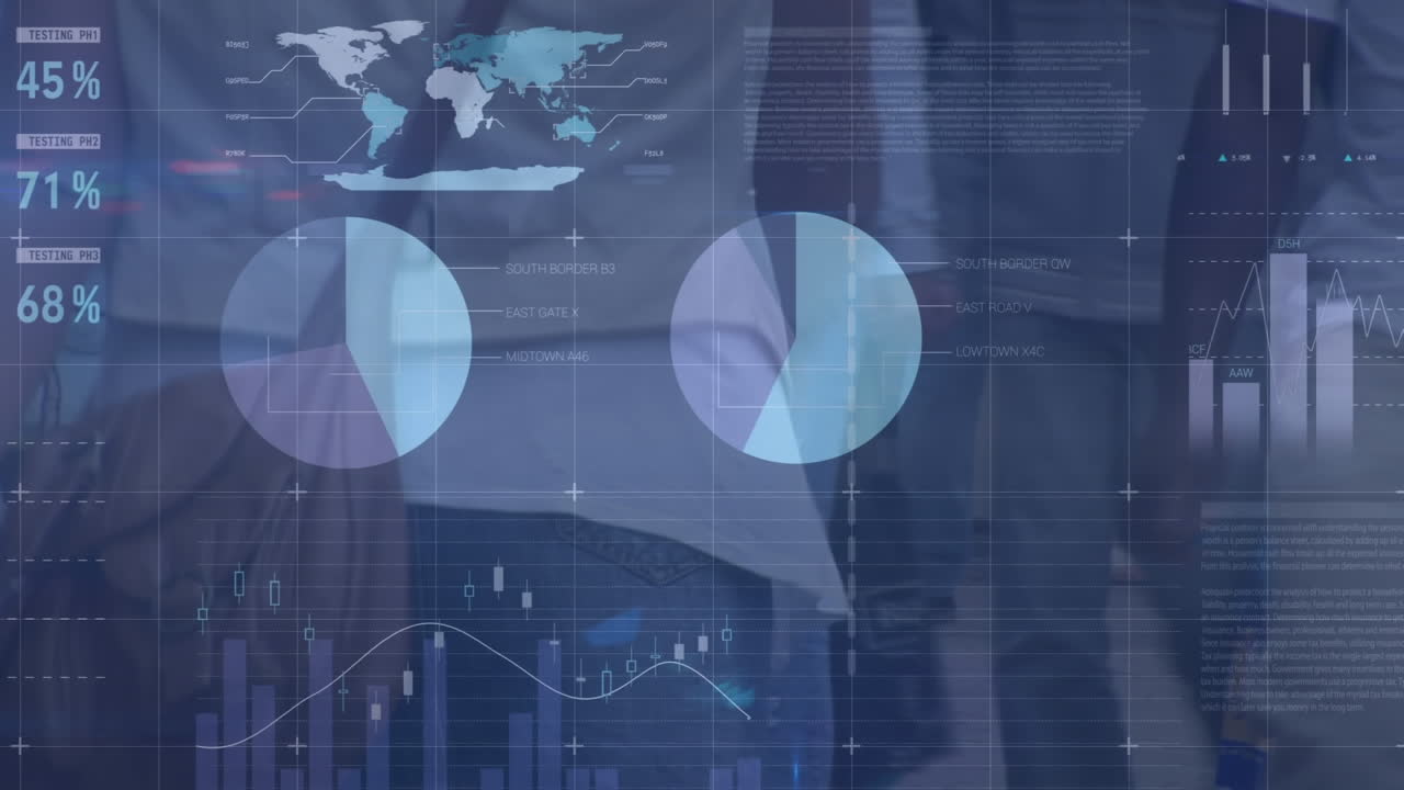Animation of statistics and data processing over busy city street