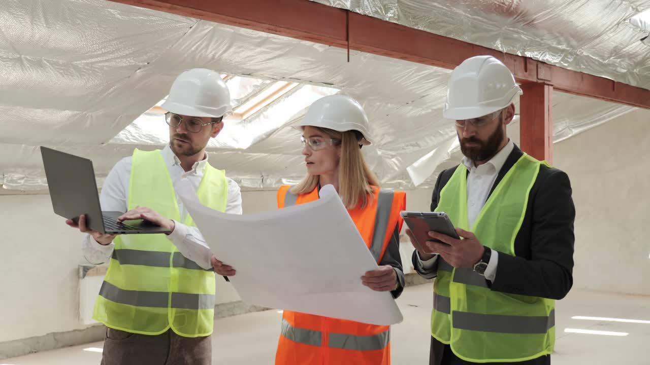 un equipo de especialistas utiliza planos de tabletas portátiles en el sitio de construcción. proyecto de edificio vacío de bienes raíces con ingeniero civil, arquitecto, inversor empresarial y trabajador general discutiendo los detalles del plan.