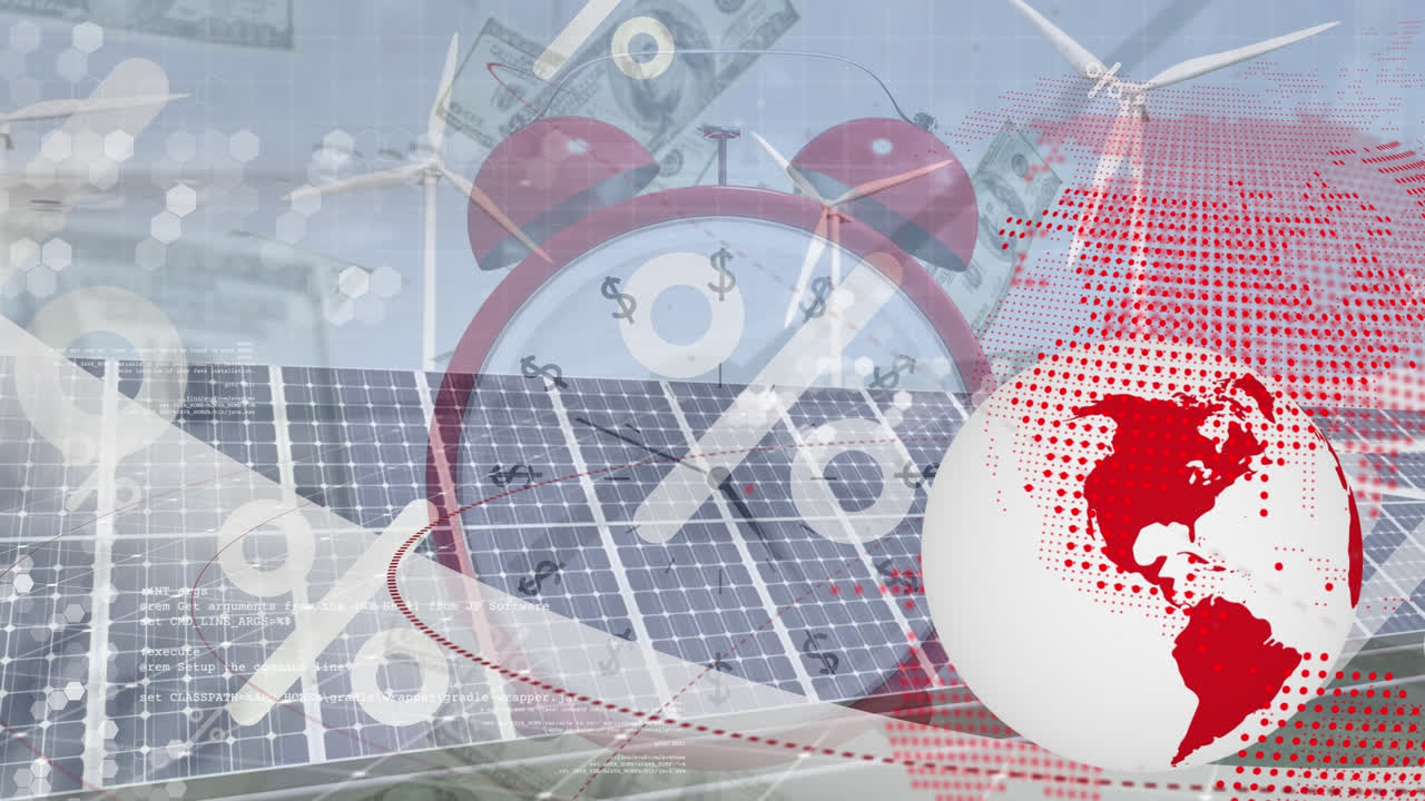 지구, 풍력 터빈, 퍼센트 및 태양 패널의 시계 애니메이션