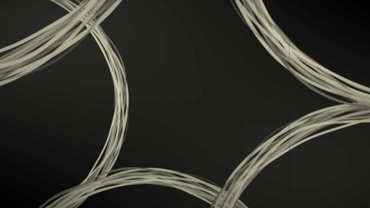 An animation loop in retro style and color about tangled strings forming arc shapes, where the separate strings are moving and overlapping. The scene has visible film damage elements present