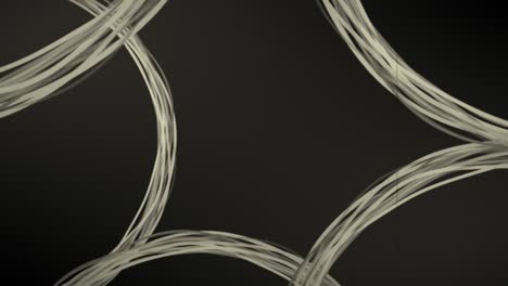 an animation loop in retro style and color about tangled strings forming arc shapes, where the separate strings are moving and overlapping. the scene has visible film damage elements present