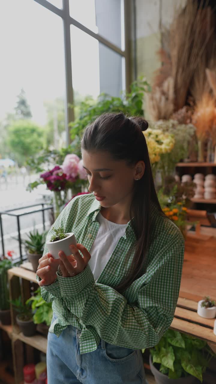 꽃 가게 에서 작은 식물 을 바라보는 여자