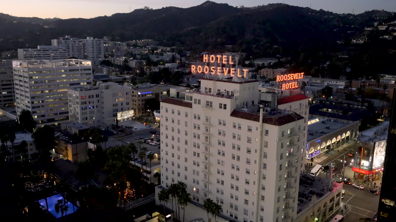Aerial view of the Hotel Roosevelt in Hollywood, Los Angeles at dusk