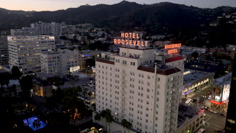 aerial view of the hotel roosevelt in hollywood, los angeles at dusk