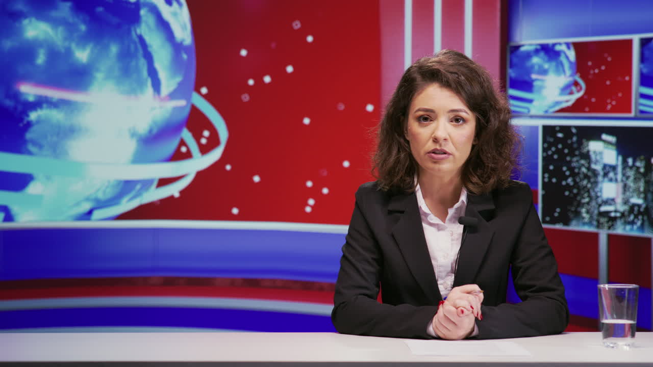 el presentador de noticias habla de eventos globales.