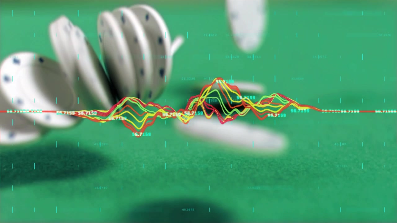 Animation of financial data processing over chips on green background