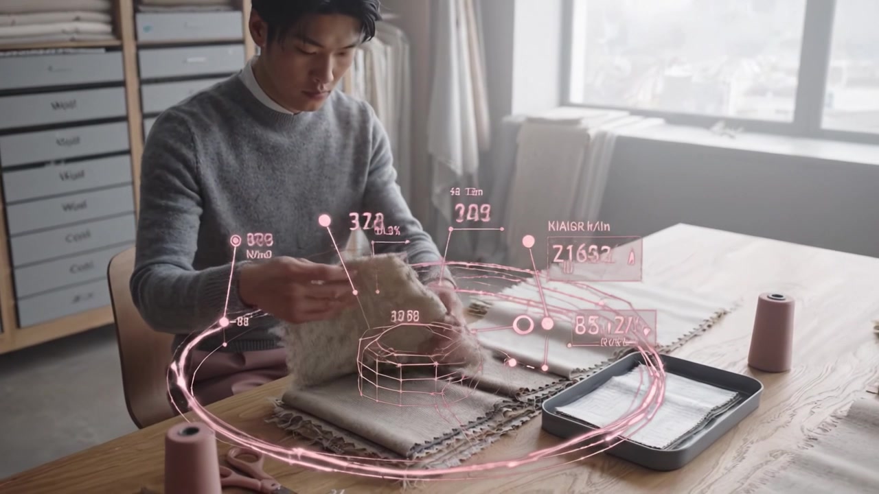 บุคคลที่มุ่งมั่นกำลังตรวจสอบและจัดเรียงชิ้นผ้าตัวอย่างอย่างพิถีพิถัน แสดงให้เห็นถึงศิลปะสิ่งทอและการออกแบบที่สร้างสรรค์ในพื้นที่ทำงานที่สว่างสดใสซึ่งเต็มไปด้วยแรงบันดาลใจ