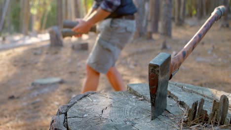 leñador masculino colocando un tronco de madera en un tronco 4k