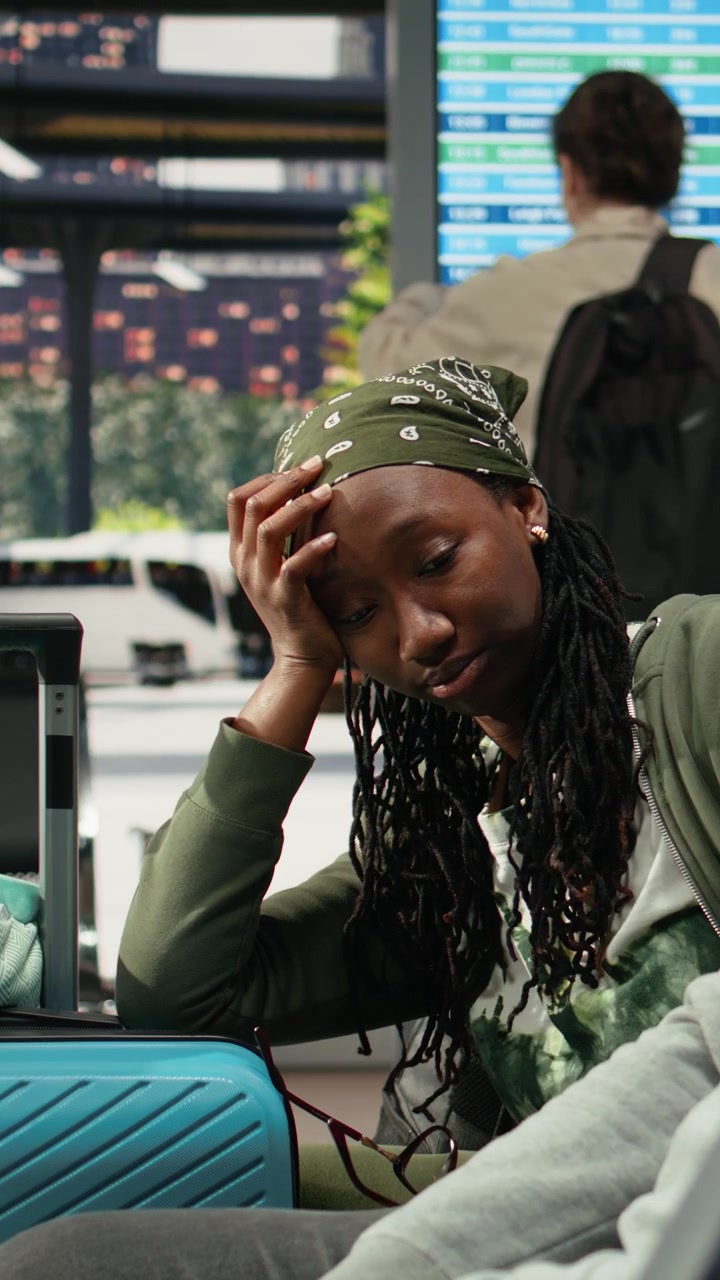 Tired Young Woman Waiting at Airport Terminal
