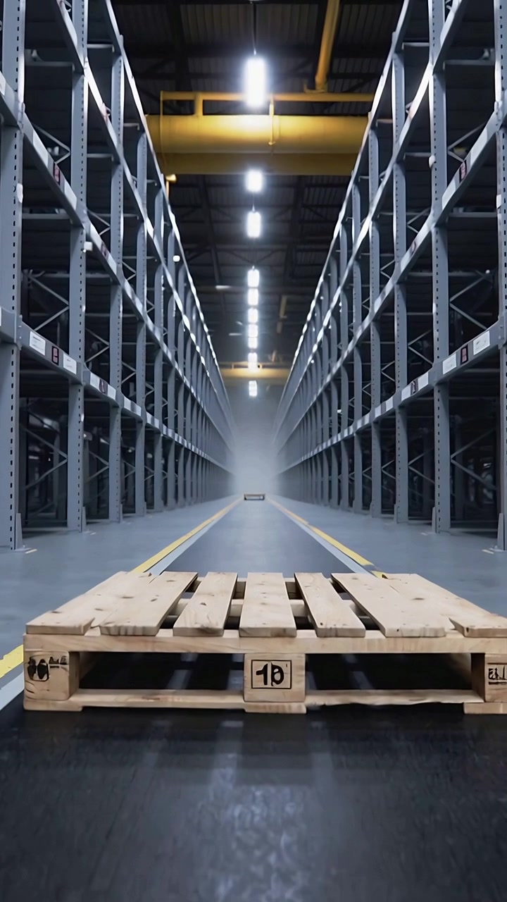 Video verticale: Fotogrammi iniziali, pallet di legno 1B in movimento che scorre in avanti nel corridoio, tra le scaffalature metalliche