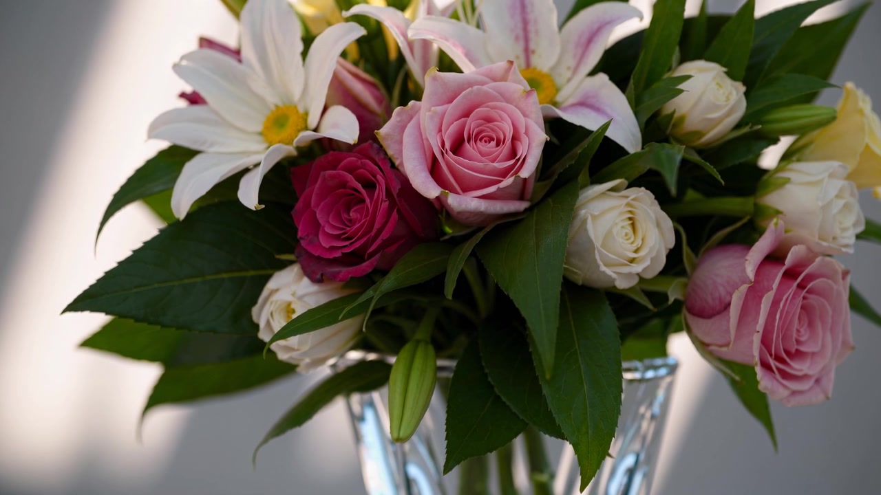 Bellissimo bouquet di rose fresche e gigli in un vaso di vetro