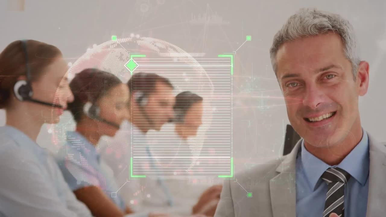 animación del procesamiento de datos sobre diversas personas de negocios que usan auriculares telefónicos