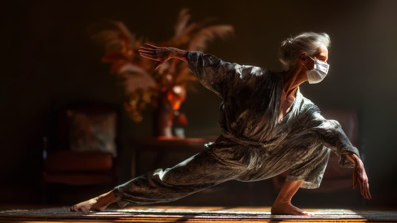 A graceful elderly woman performs a yoga pose while wearing a mask in a serene indoor setting, emphasizing her strength, flexibility, and commitment to wellness amidst challenging times