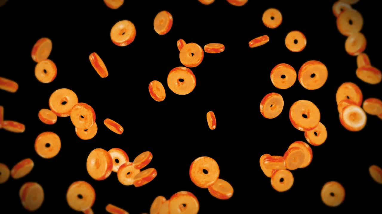 검은색 바탕에 많은 평평한 도을 날리는 도 케이크, 과자, 디저트, 도 회전의 3d 애니메이션, 루프 애니메이션.