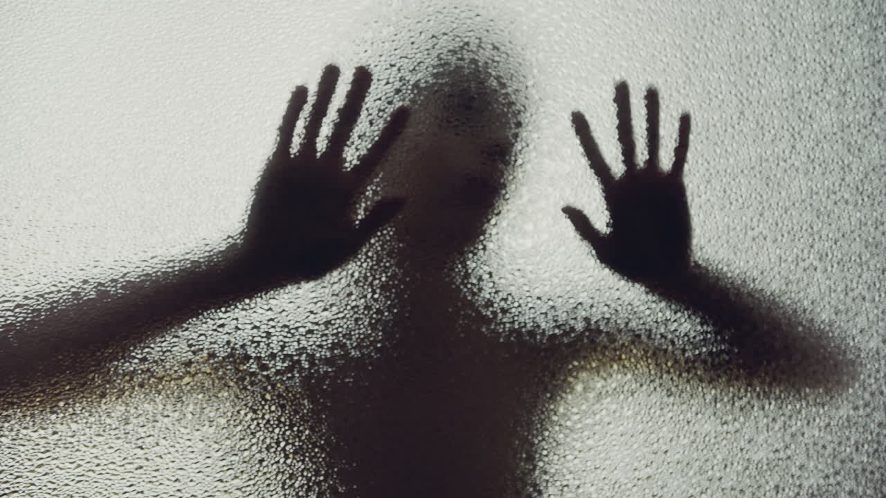 A female silhouette behind the frosted glass moves slowly